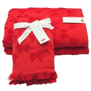 Bella Lux Christmas Collection Red Bows Embossed Turkish Cotton Towel Set Of 4pc